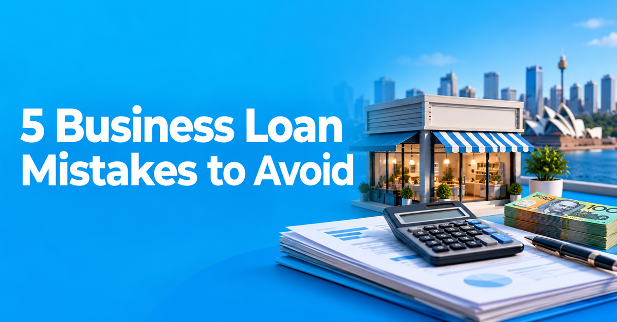 Business loan mistakes in Australia illustrated with a small business storefront, calculator and financial documents